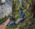 paysans assis cousant 1881 Camille Pissarro